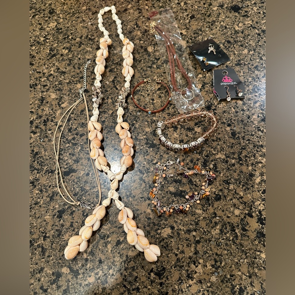 Bundle of Brown toned Jewelry including cowrie shell necklace